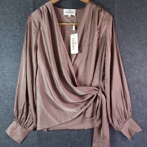 Karmamia Ines Satin Wrap Blouse Womens Small Tan Long Sleeve Staple Old Money
